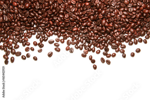 Coffee beans arranged on a white background.
