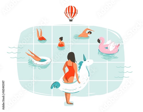 Hand drawn vector abstract cartoon summer time fun illustration with swimming people in swimming pool with hot air balloons isolated on white background.