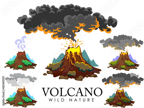 A set of volcanoes of varying degrees of eruption, a sleeping or awakening dangerous vulcan, salute from magma ashes and smoke fly out from volcano, lava flowing down the mountain vector illustration