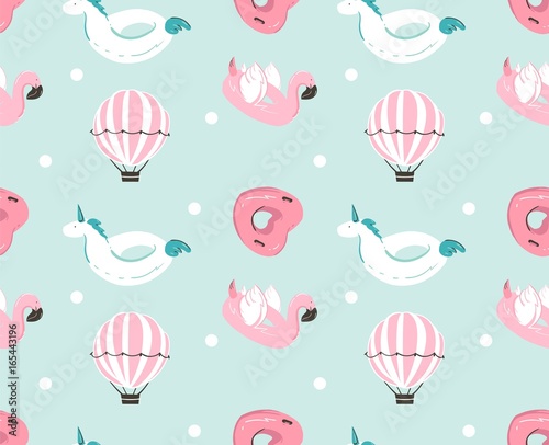 Hand drawn vector abstract summer time fun seamless pattern with pink flamingo float, unicorn swimming pool buoy ,heart shape circle and hot air balloon isolated on blue water background