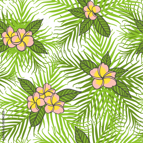 Fototapeta Naklejka Na Ścianę i Meble -  Tropical frangipani pink flowers pattern vector seamless. Jungle palm leaf background. Fashion print design for hawaiian party invitation, paradise island vacation flyer or swimwear fabric.