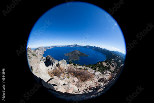 Crater Lake Oregon as seen from above with a fish-eye lens.