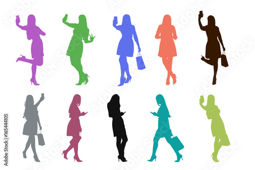 colored silhouettes of womanwith phone in set