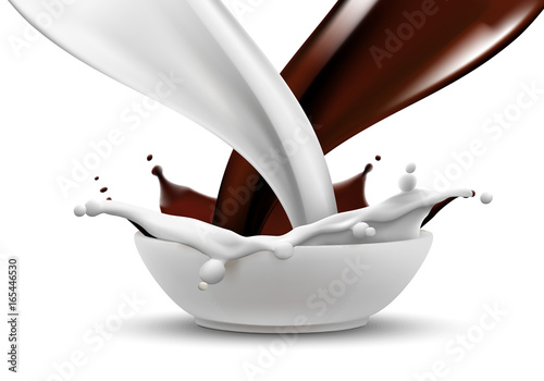 Milk and hot chocolate pouring in same bowl and splashing