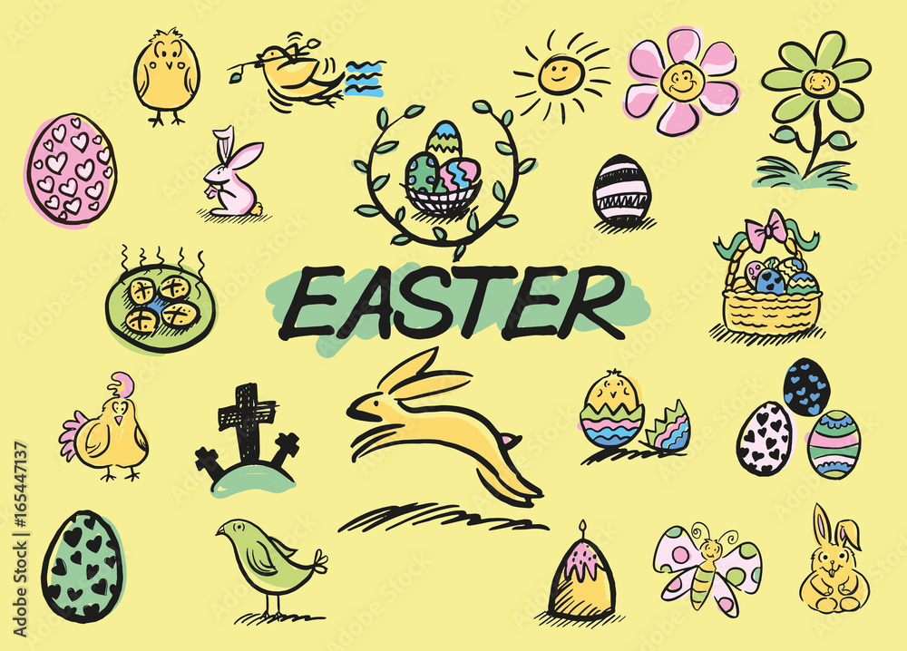 A set of hand drawn Easter related doodles in a loose, colourful style