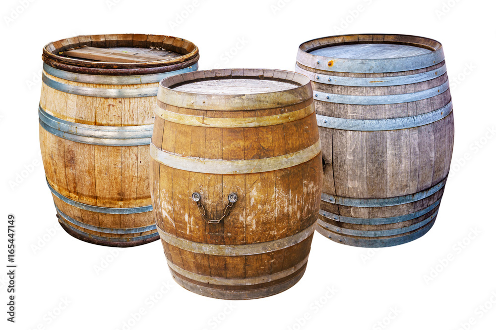 Groups old wooden barrel for champagne, wine, whiskey, rum, beer, with steel ring on white background. Groups old wooden barrel for champagne, wine, whiskey, rum, beer, with steel ring on white background.