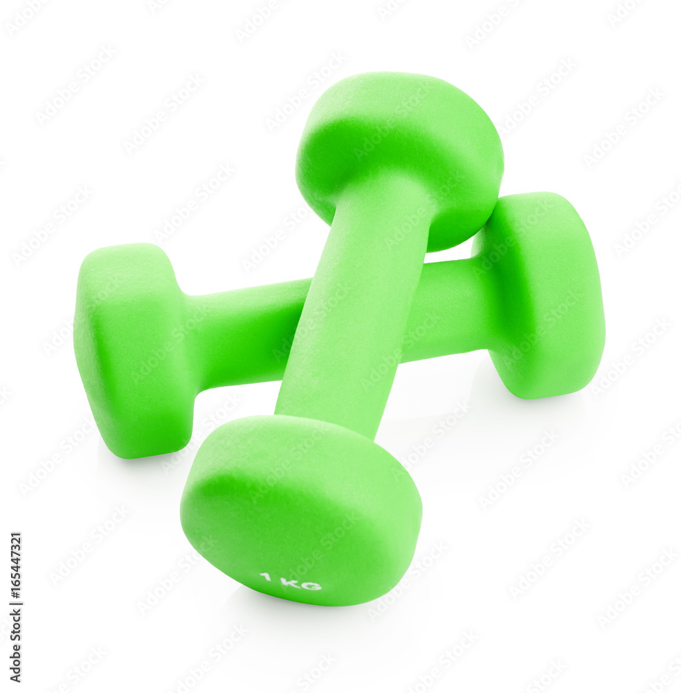 Green dumbbells isolated on white background