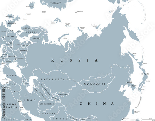 Eurasia political map with countries and borders. Combined continental landmass of Europe and Asia located in Northern and Eastern Hemispheres. Gray illustration over white. English labeling. Vector.