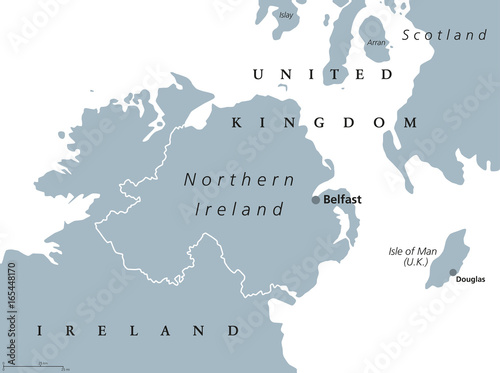 Northern Ireland political map with capital Belfast. Country of the United Kingdom in the northeast of the island of Ireland. Gray illustration isolated on white background. English labeling. Vector.