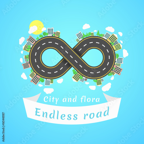 Endless road. Travel time. The carriageway. Banner of white ribbon. Cities and settlements. Trees and plants