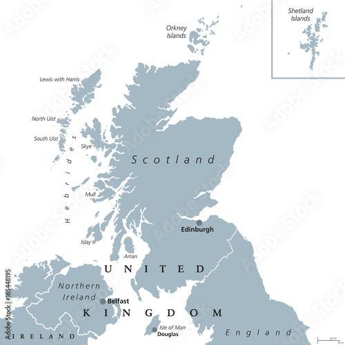 Scotland political map with capital Edinburgh. Country and part of the United Kingdom. Covers the northern third of the island of Great Britain. Gray illustration over white. English labeling. Vector. photo