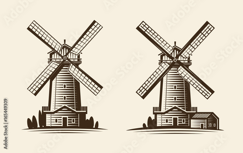 Old wooden mill, windmill logo or label. Agriculture, farming, agribusiness icon. Vintage vector illustration