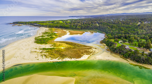 Aerial view of Mallacoota town and coastline, Victoria, Australia photo