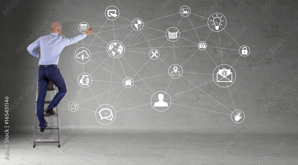 Businessman using social network interface on a wall 3D rendering Businessman using social network interface on a wall 3D rendering