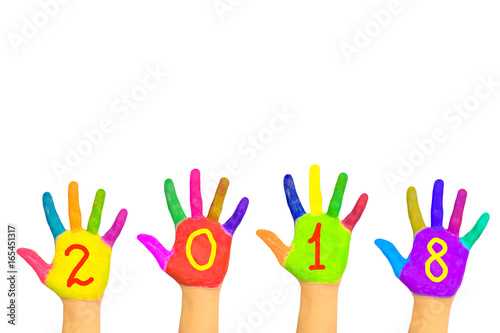 Kids colorful hands forming number 2018. Isolated on white