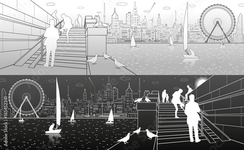 Stairs on the river embankment, people on steps. Yachts on the water. Doves are sitting on parapet. Evening city on the background. Ferris wheel. vector design art 