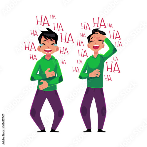 Young man laughing out loud, crying from laughter in two positions - holding stomach and hand on forehead, cartoon vector illustration isolated on white background. Young man laughing to tears