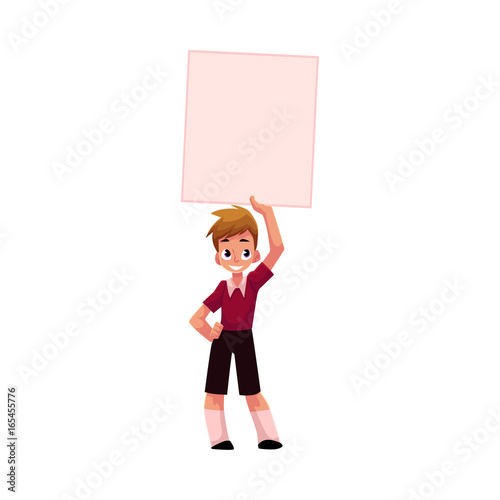 Little boy, child, kid holding blank empty poster, board over head, cartoon vector illustration isolated on white background. Little boy holding empty, blank poster over head