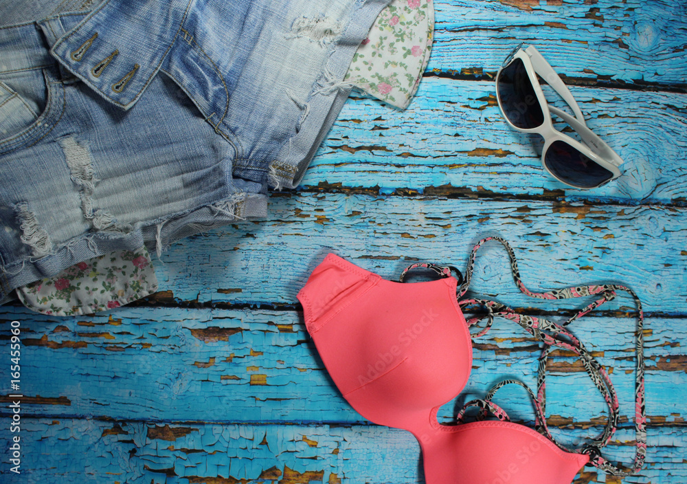 Summer collage jeans shorts, bikini bra and sunglasses/ Jeans shorts
