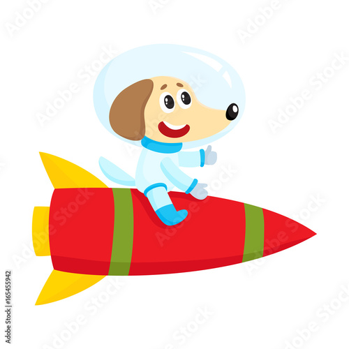 Cute little dog, puppy astronaut, spaceman character riding a rocket, cartoon vector illustration isolated on white background. Baby dog, puppy astronaut, spaceman in spacesuit riding rocket in space
