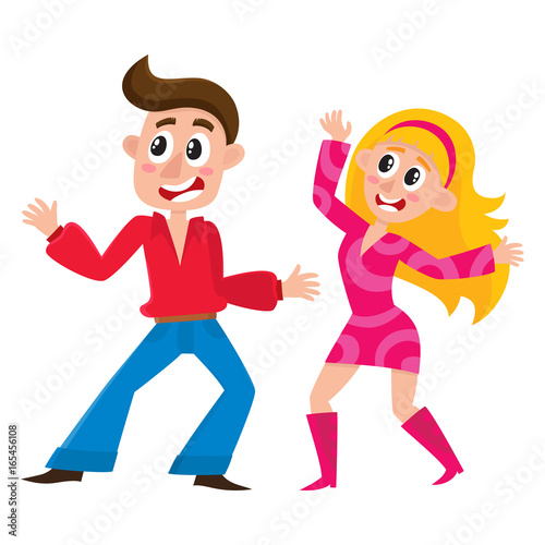 Young couple, man and woman, dancing dicso, having fun, cartoon vector illustration isolated on white background. Young man and woman dancing together at retro disco party