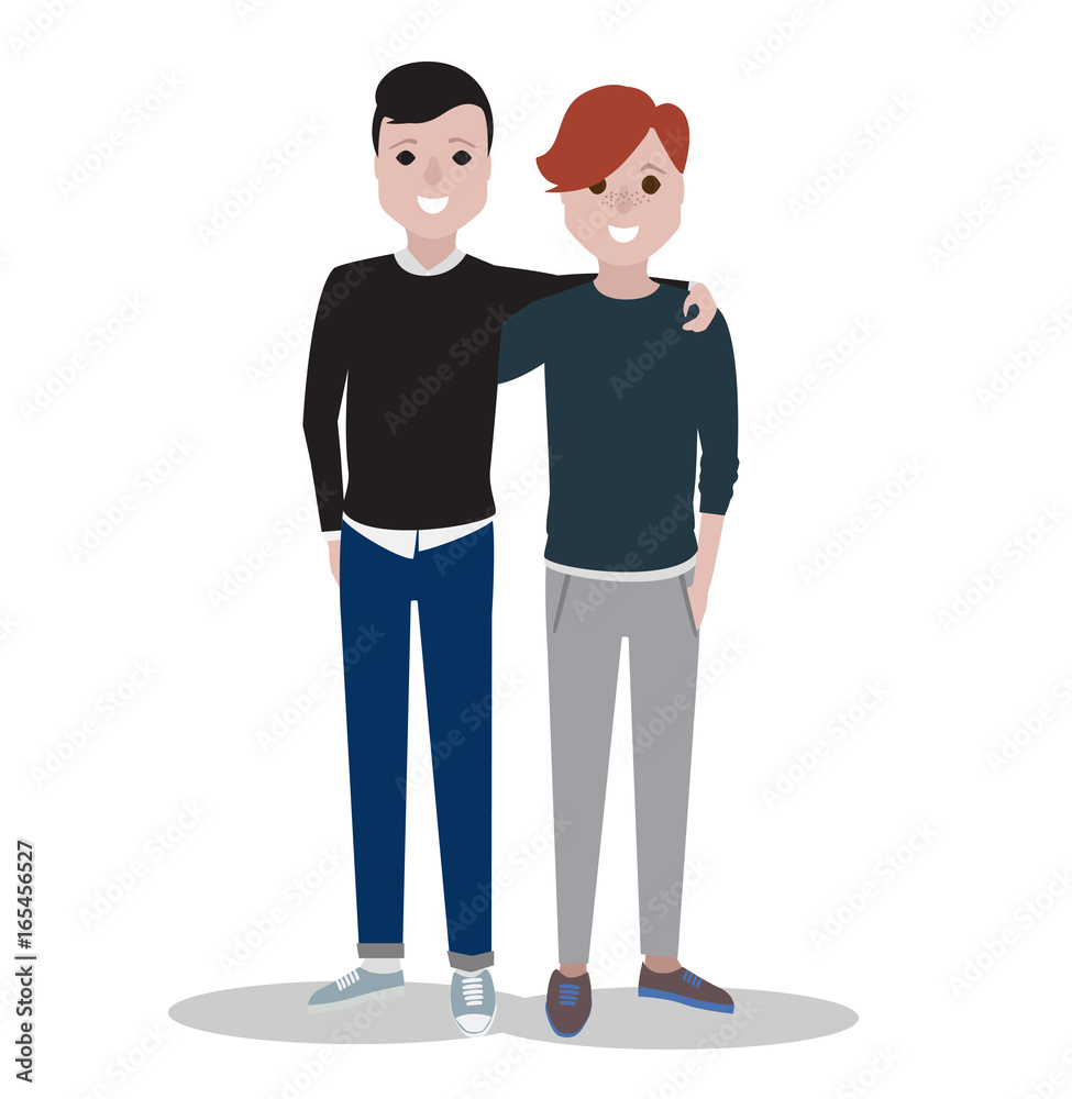 Two men together cartoon vector illustration. Smiling young friends. Stock  Vector | Adobe Stock