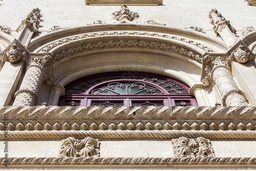 LISBON, PORTUGAL, on June 22, 2017. The skillful sculptural decor decorates a facade of one of the oldest railway stations of Rossio 