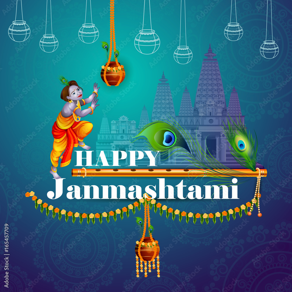 Fototapeta premium Happy Krishna Janmashtami greeting background