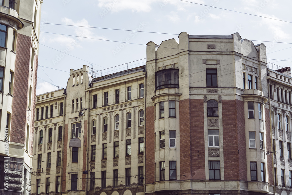Facade exterior of buildings, houses in St. Petersburg