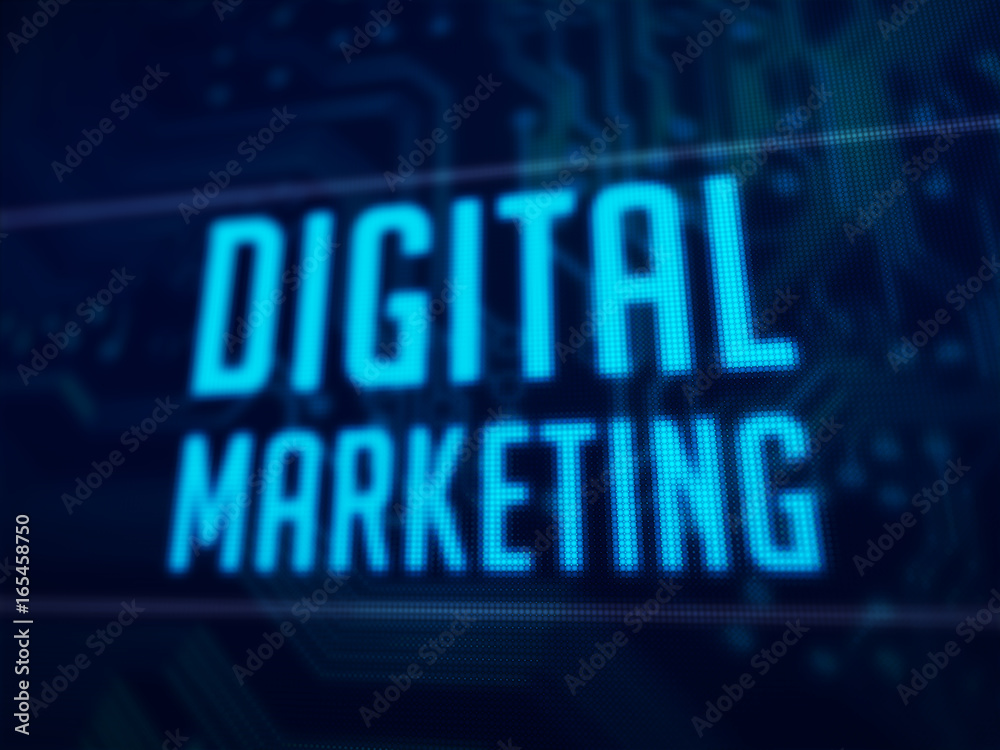 Digital marketing text on dark blue pixels screen 3D rendered with depth of field