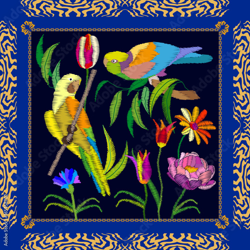 Amazonian parrots embroidery.