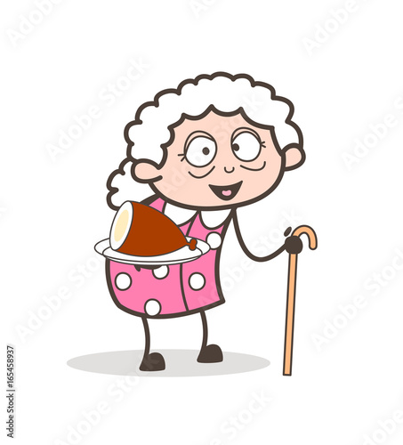 Cartoon Granny Presenting Pork in Dish Vector Illustration