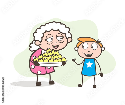 Cartoon Granny Presenting Easter Sweets to Her Grandson Vector Illustration