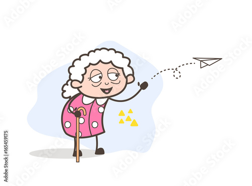 Cartoon Grandma Sending Message Through Paper Plane Vector Illustration