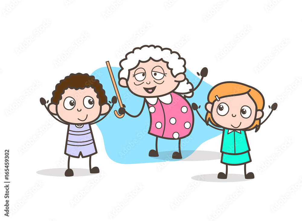 Cartoon Granny Playing with Grand Children Vector Illustration Cartoon Granny Playing with Grand Children Vector Illustration