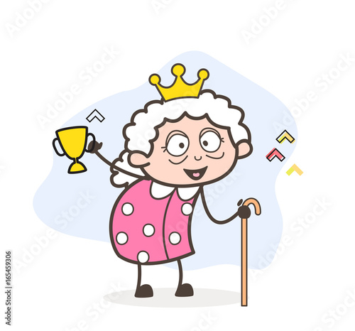 Cartoon Winner Granny Showing Victory Cup Vector Illustration