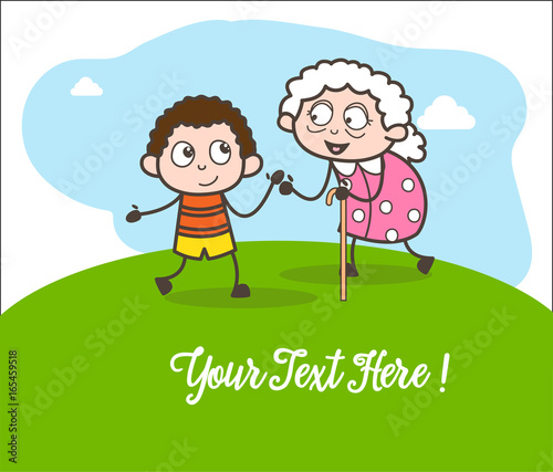 Cartoon Granny Playing with Grandson Vector Illustration
