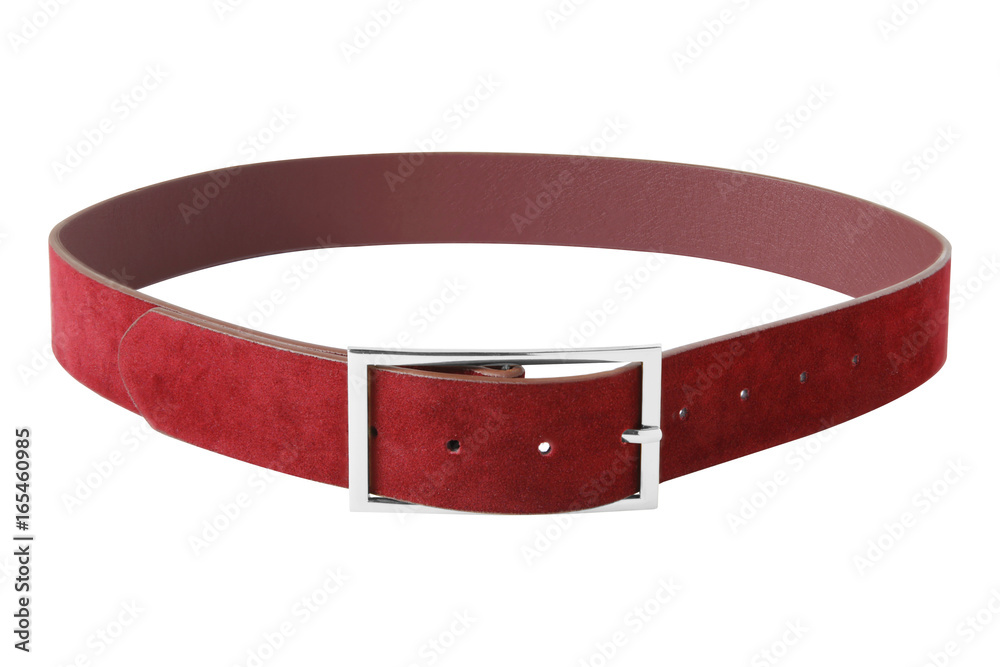 Red leather belt with silver buckle isolated on white background