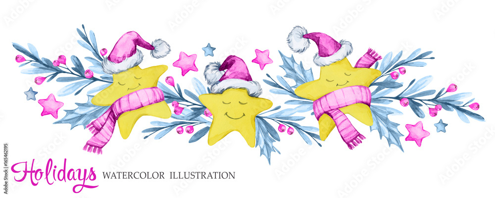 Watercolor horizontal garland with cartoon stars in warm cloths , leaves and berries. New Year. Merry Christmas. Celebration illustration. Can be use in winter holidays design, posters, invitations.
