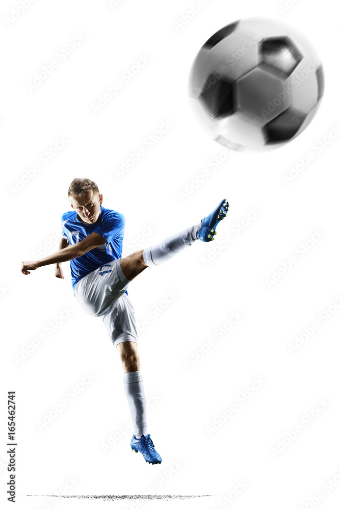 Professional football soccer player in action isolated on white