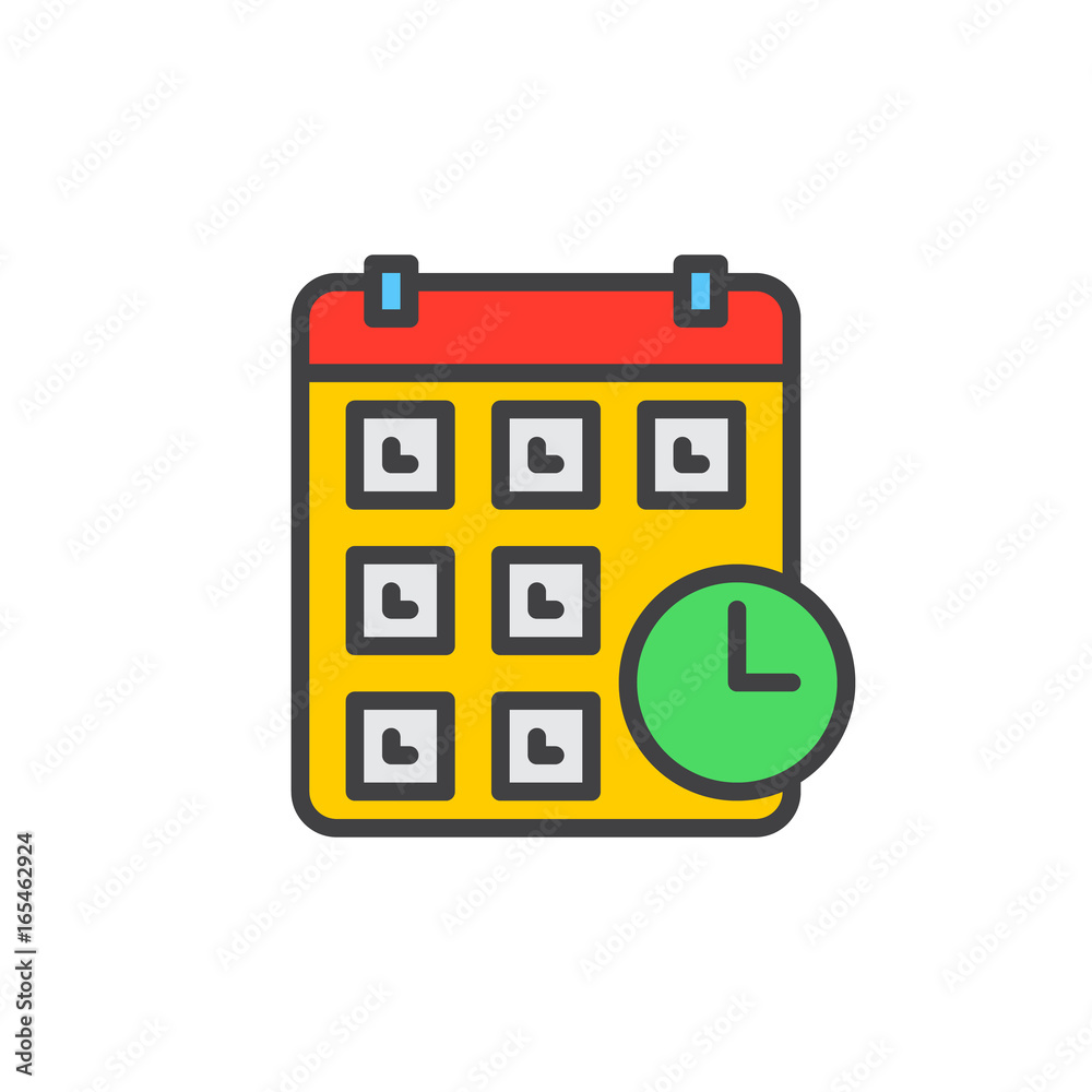 Calendar with clock filled outline icon, line vector sign, linear colorful pictogram isolated on white. Schedule, event date symbol, logo illustration. Pixel perfect vector graphics Calendar with clock filled outline icon, line vector sign, linear colorful pictogram isolated on white. Schedule, event date symbol, logo illustration. Pixel perfect vector graphics
