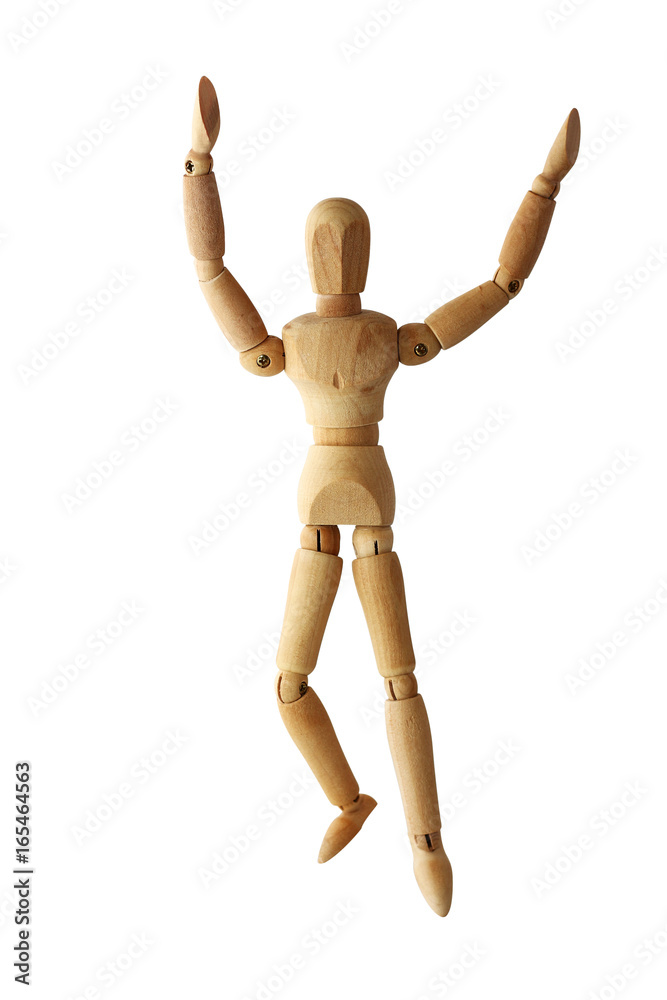 wooden puppet action Success in white isolated with path wooden puppet action Success in white isolated with path