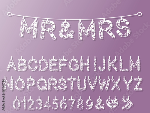 Banner decoration for wedding Mr. end MRS. Letter alphabet for laser cutting of paper and other materials. vector illustration.