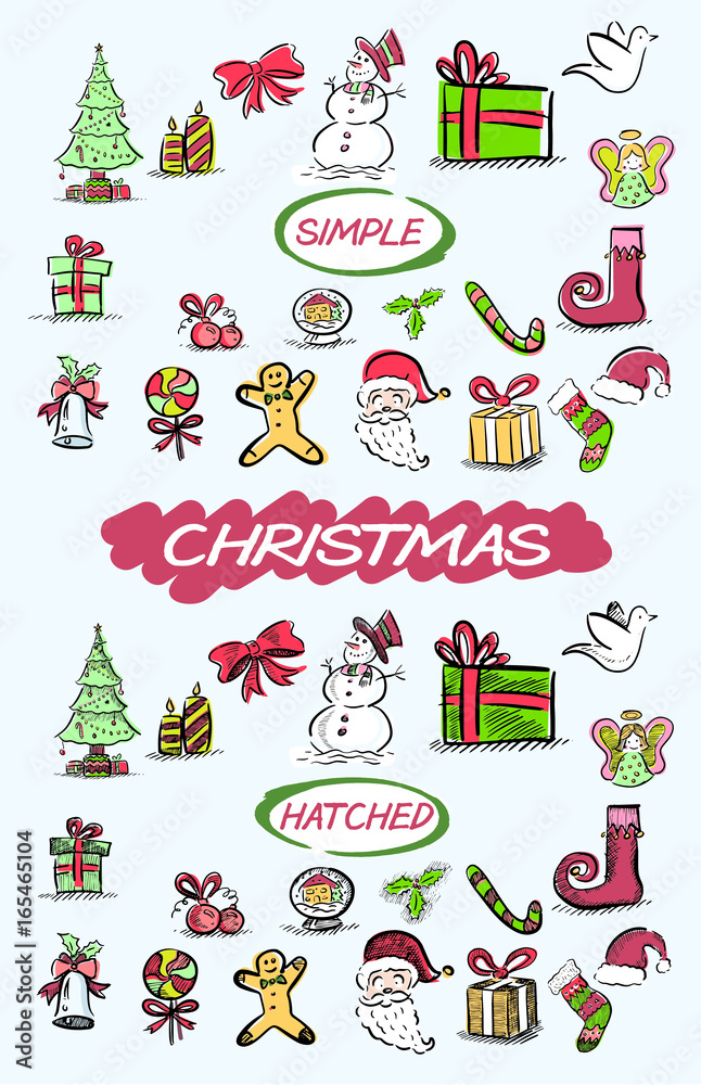 A set of hand drawn Christmas related doodles in a loose, colourful style A set of hand drawn Christmas related doodles in a loose, colourful style