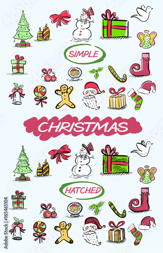 A set of hand drawn Christmas related doodles in a loose  colourful style