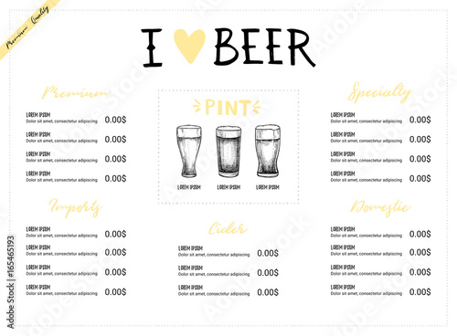 Hand drawn vector illustration - Beer menu (Light / Dark / Red / White). I love beer. Perfect for restaurant brochure, cafe flyer, delivery menu. Design template with illustrations in sketch style.