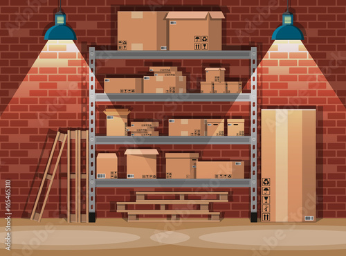 Pile cardboard boxes on shelves in warehouse