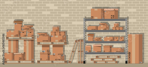 Pile cardboard boxes on shelves in warehouse