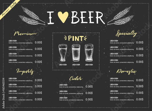 Hand drawn vector illustration - Beer menu (Light / Dark / Red / White). I love beer. Perfect for restaurant brochure, cafe flyer, delivery menu. Design template with illustrations in sketch style.