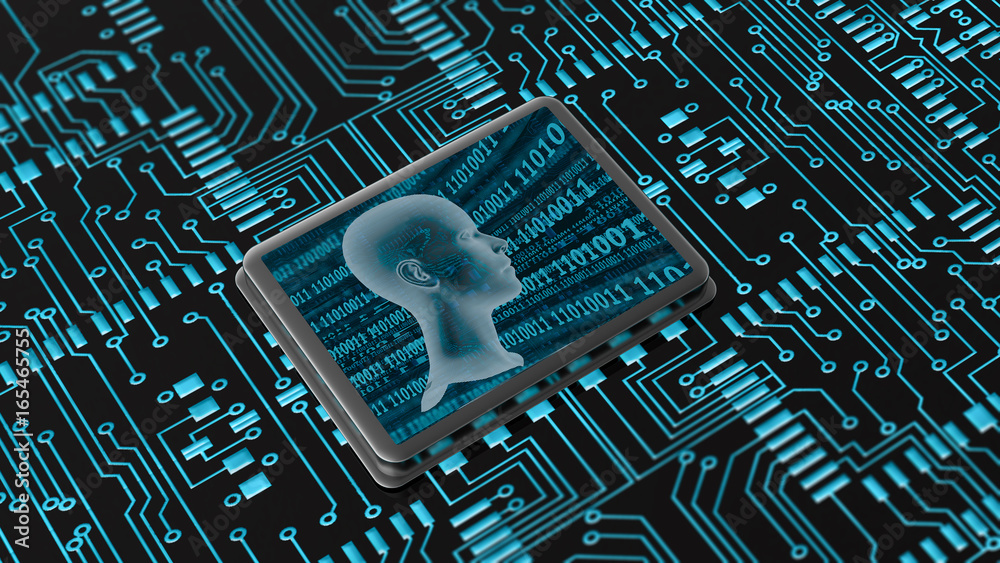 Microprocessor with Head in Blue - obrazy, fototapety, plakaty 